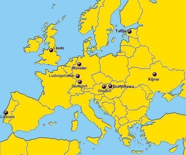 Mapa Europy z miejscami, gdzie zmodernizowaem sprzt laboratoryjny, pomiarowy