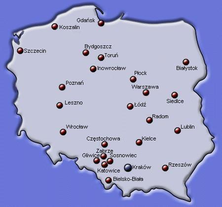 Mapa Polski z miejscami, gdzie zmodernizowaem sprzt laboratoryjny, pomiarowy